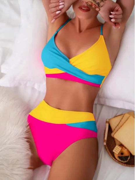 Colour contrast bikini set with yellow top and blue briefs, polyester lining, female swimwear