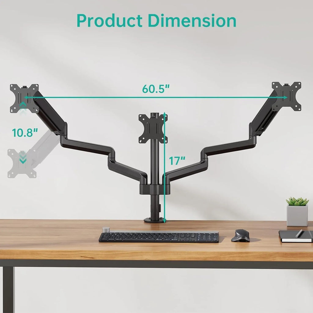 Black three-arm gas spring monitor mount holding a 27-inch screen above a desk.