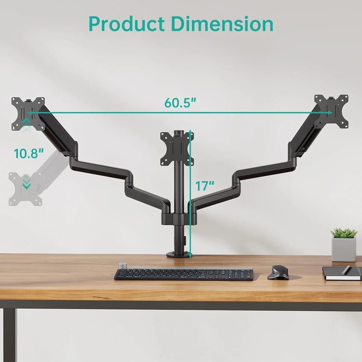 Black three-arm gas spring monitor mount holding a 27-inch screen above a desk.