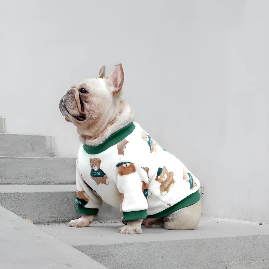 Coral fleece dog pajamas in Bear style pattern on a female Corgi, front view showing sweater design