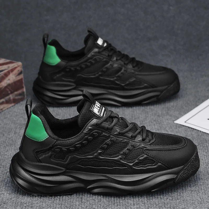 Men's white and black breathable mesh shoes with PU mesh upper and round toe design