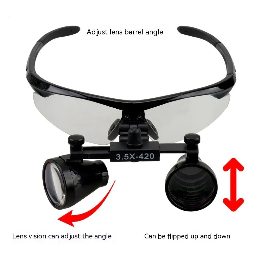 Black head-mounted LED magnifying glass for dental work with adjustable headband and dual magnification lenses.