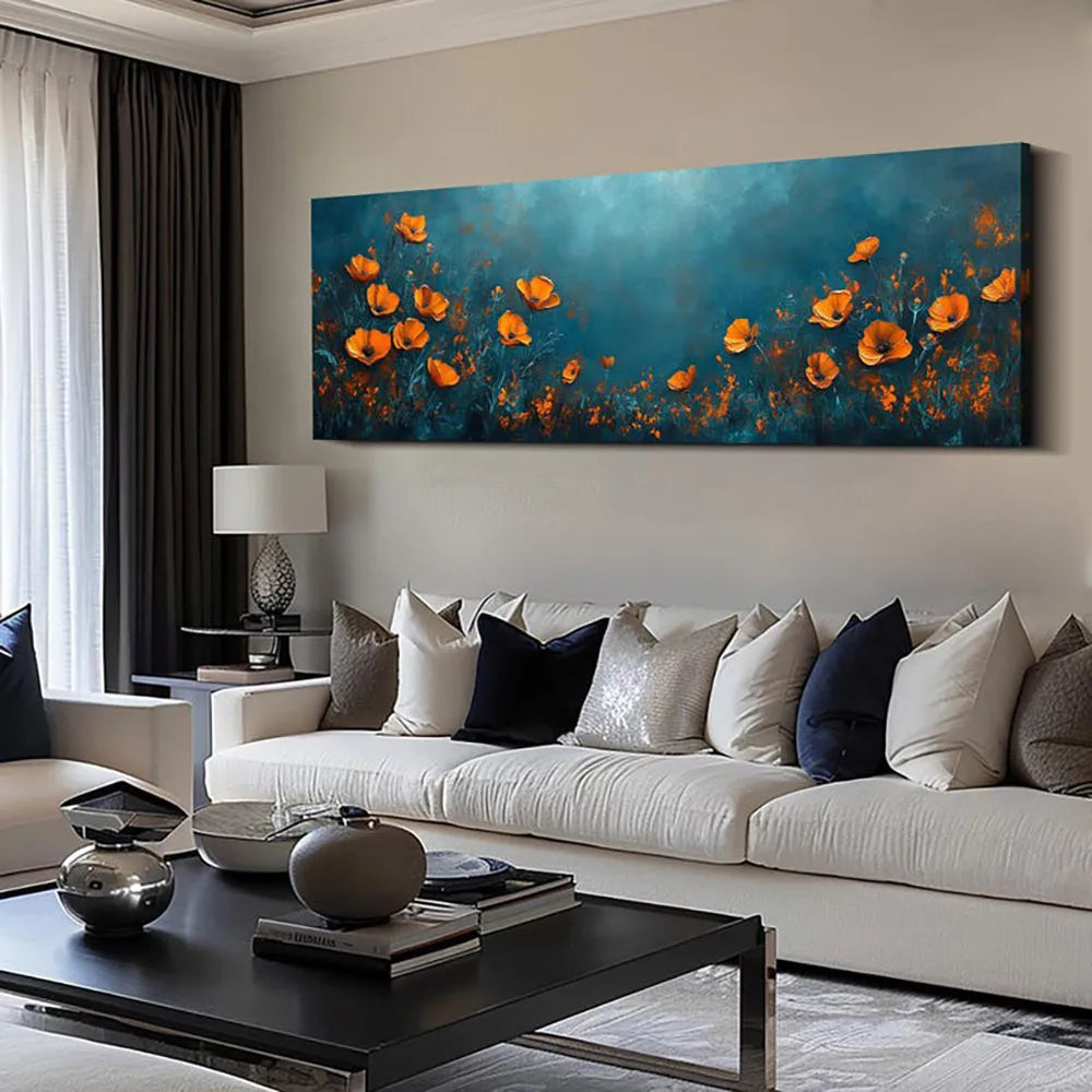Abstract floral hand-painted oil painting on canvas, unstretched and frameless, shown in a horizontal orientation, suitable for home wall decor.