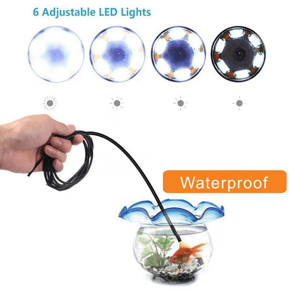 3-in-1 USB endoscope with flexible cable, magnet, hook, and side mirror for Android phone inspection.