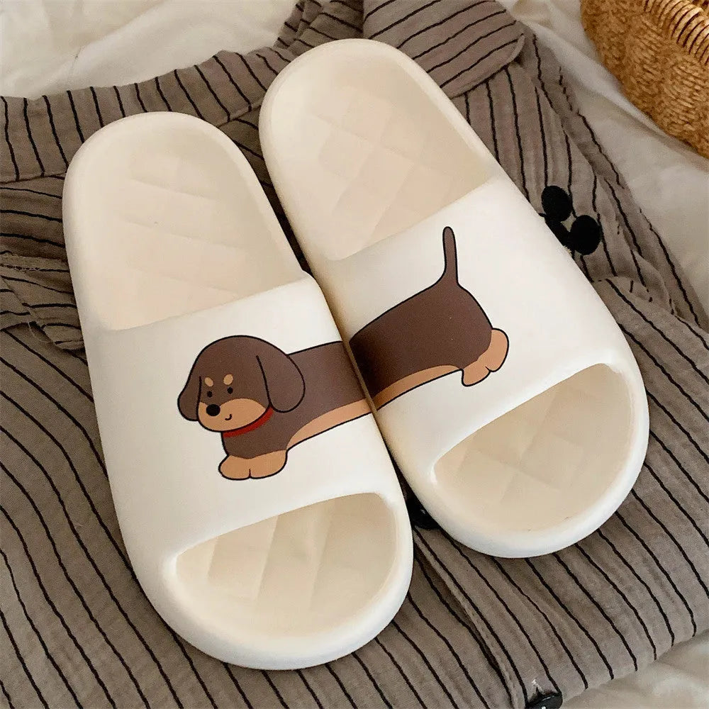 EVA couple household slippers in three colours with dog stitching print and thickening flip-flop sole.