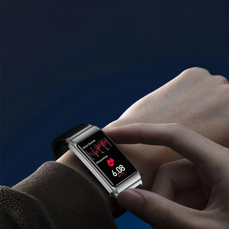 Non invasive blood glucose smart watch with metal band and classic buckle on wrist
