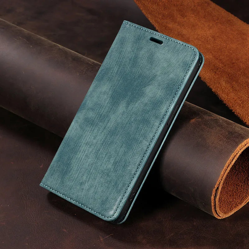 Magnetic flip phone case for iPhone in black, showing TPU frame and leather cover.