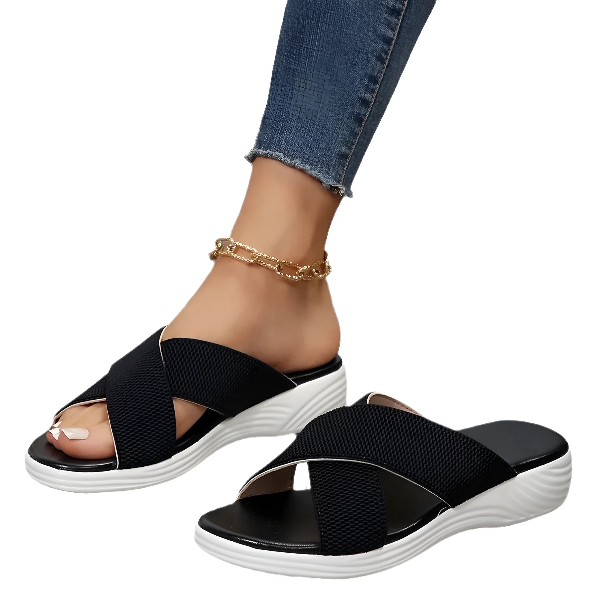 Black women's wedge peep-toe summer slippers with cross straps and a thick rubber sole.