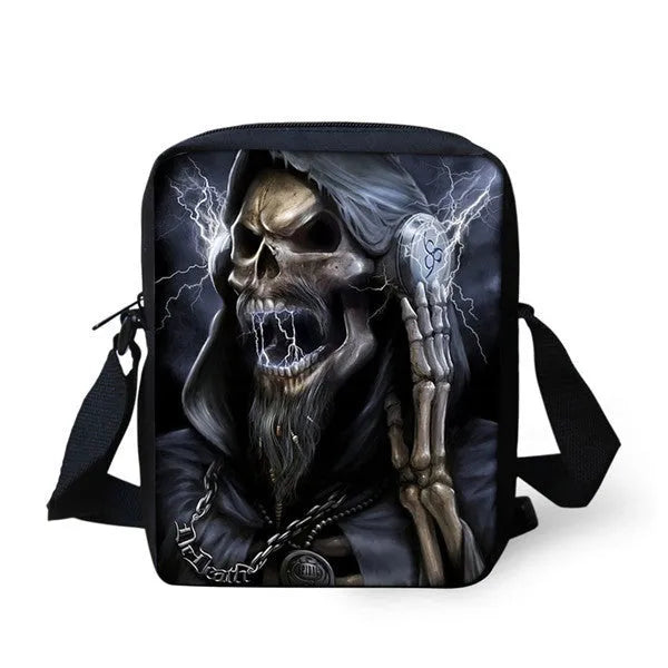Children's skull pattern messenger bag in polyester, showing double straps and zipper opening.
