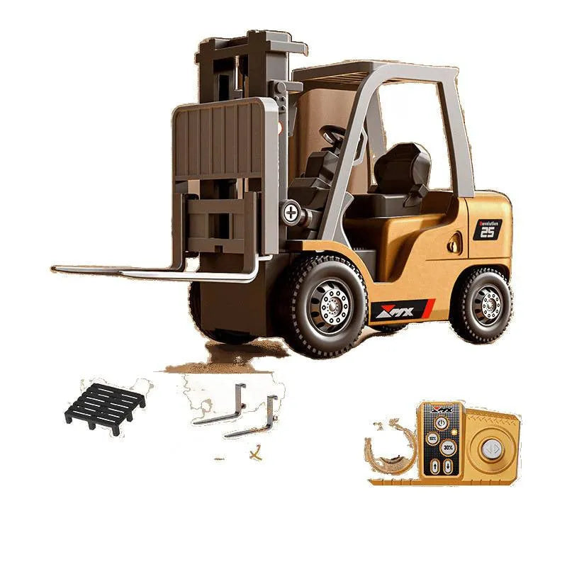 1:64 scale mini alloy forklift remote control toy with cargo accessories on display