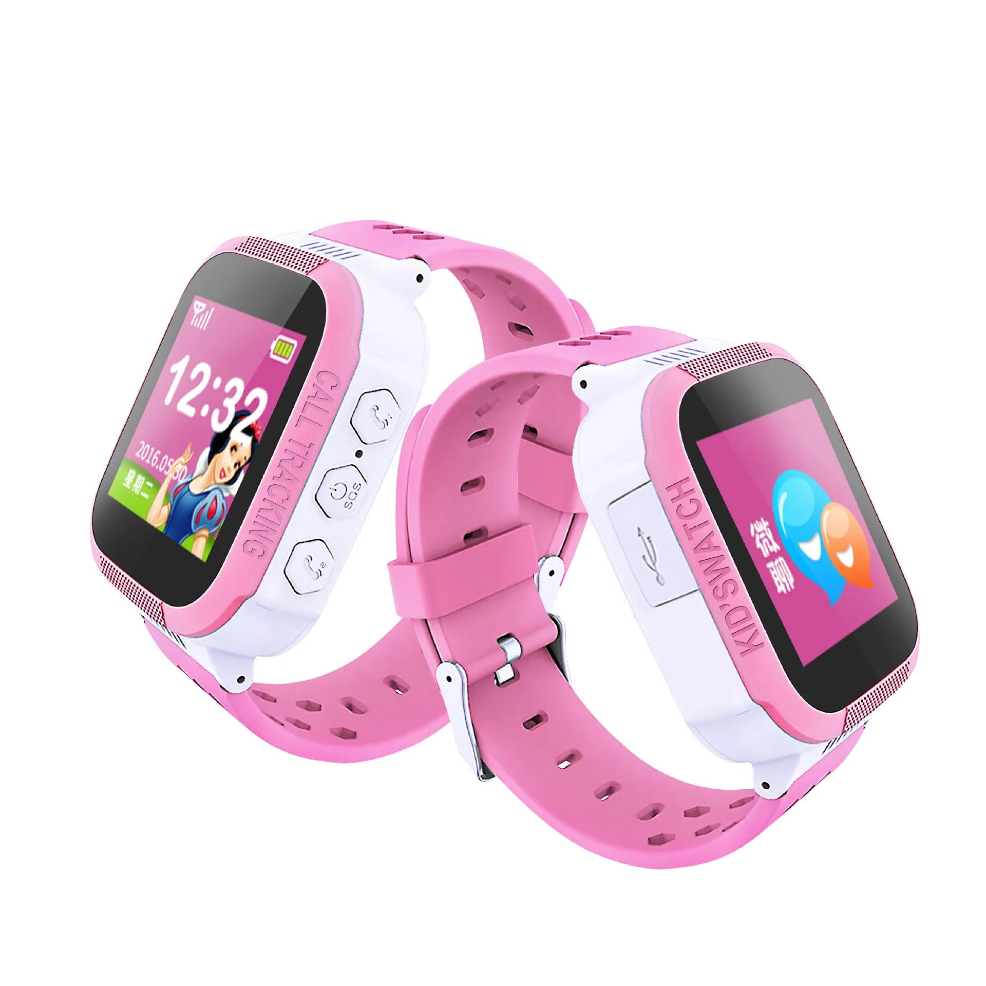 Blue children's phone watch with 1.44 inch IPS touch screen showing interface