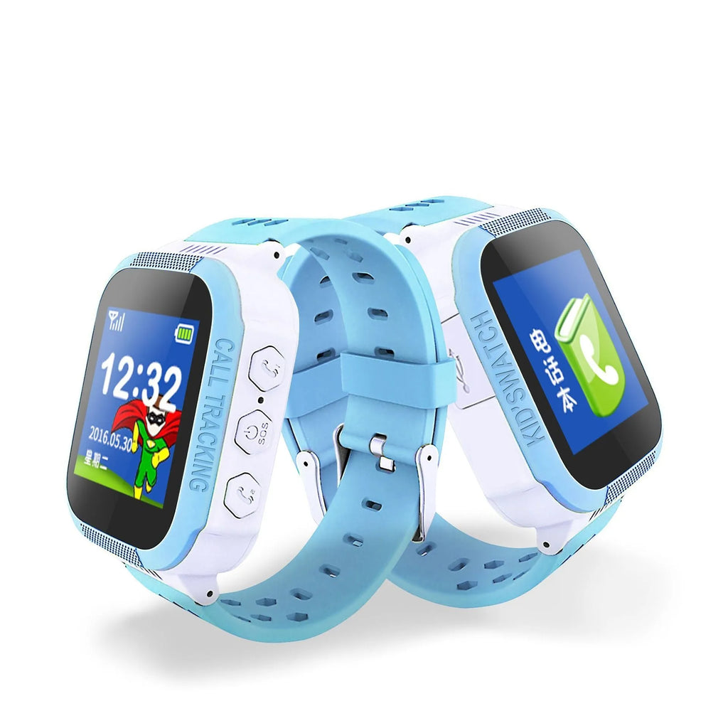Blue children's phone watch with 1.44 inch IPS touch screen showing interface