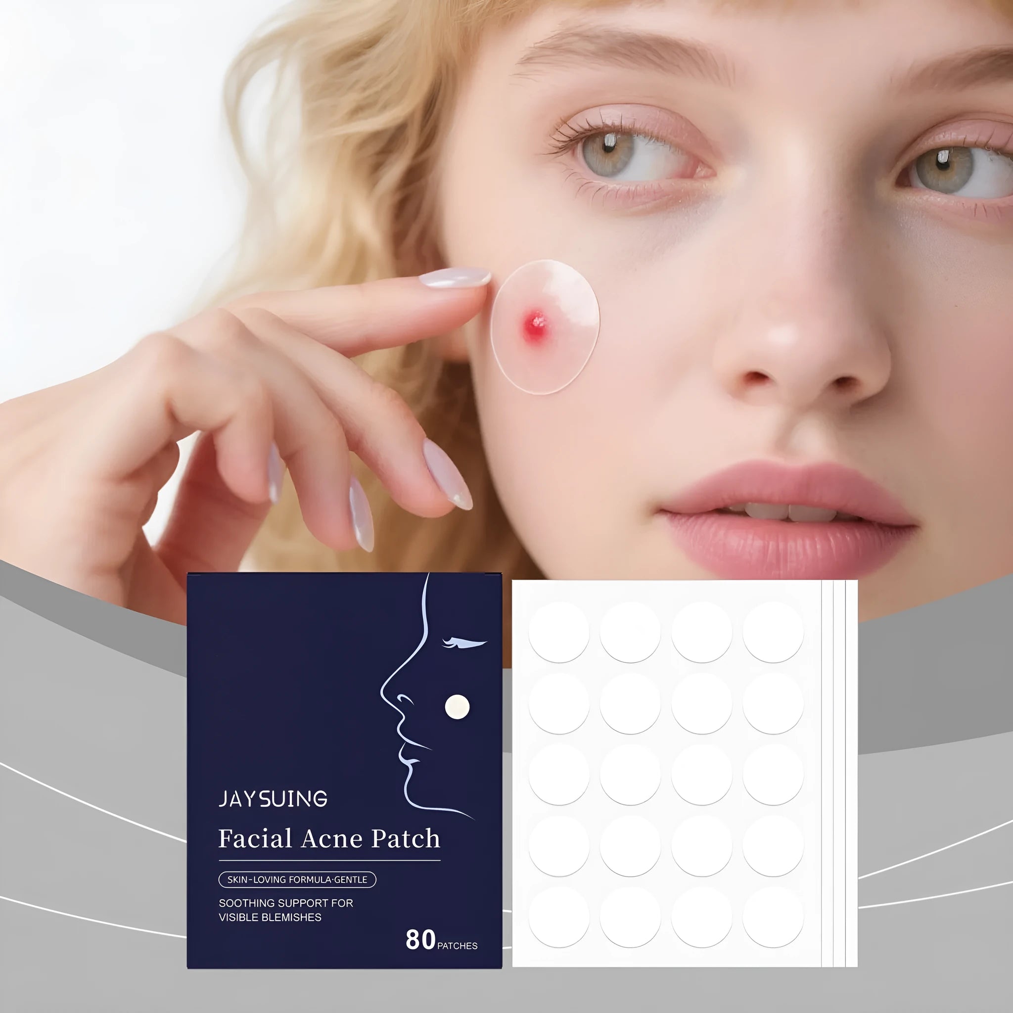 Pack of 80 transparent hydrocolloid acne patches for facial spot treatment.