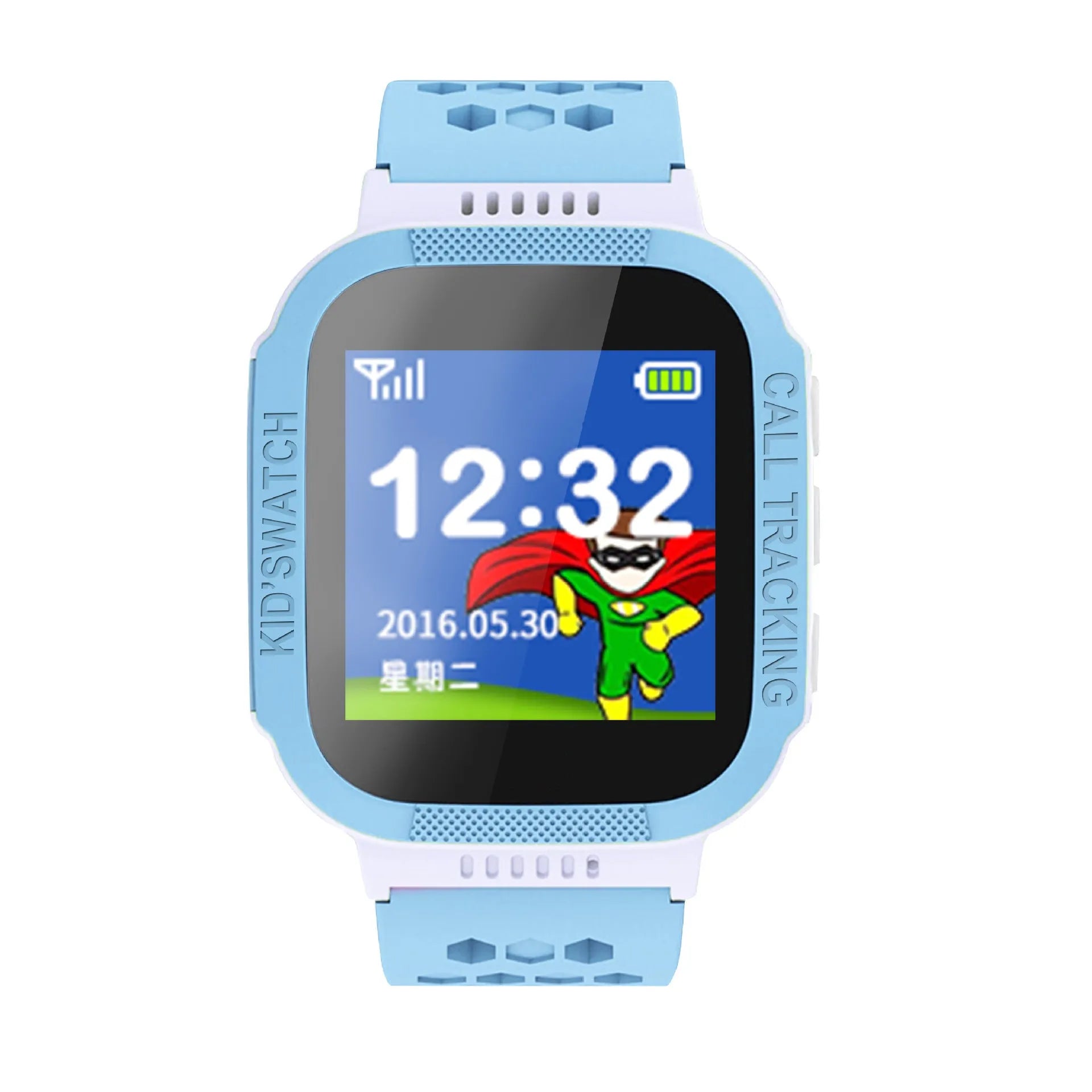 Blue children's phone watch with 1.44 inch IPS touch screen showing interface