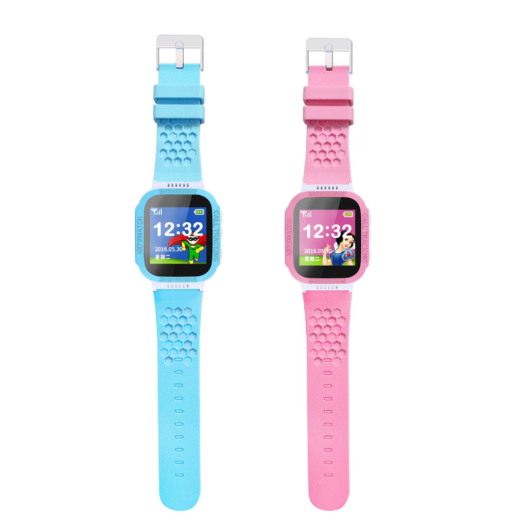 Blue children's phone watch with 1.44 inch IPS touch screen showing interface