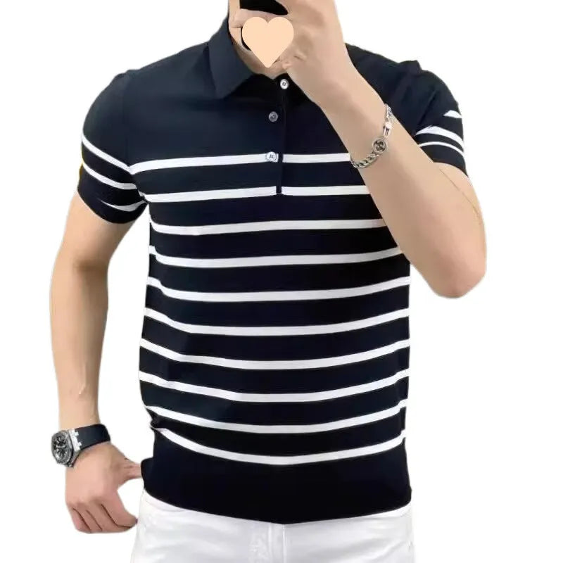 Men's black and white striped lapel knitted t-shirt with pullover style