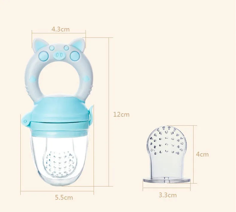 A blue silicone baby teether with a textured mouthpiece for chewing.