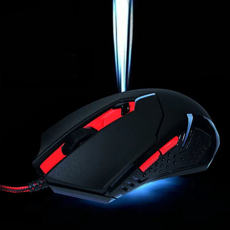 Black and red wired USB optical gaming mouse with six buttons and ergonomic shape