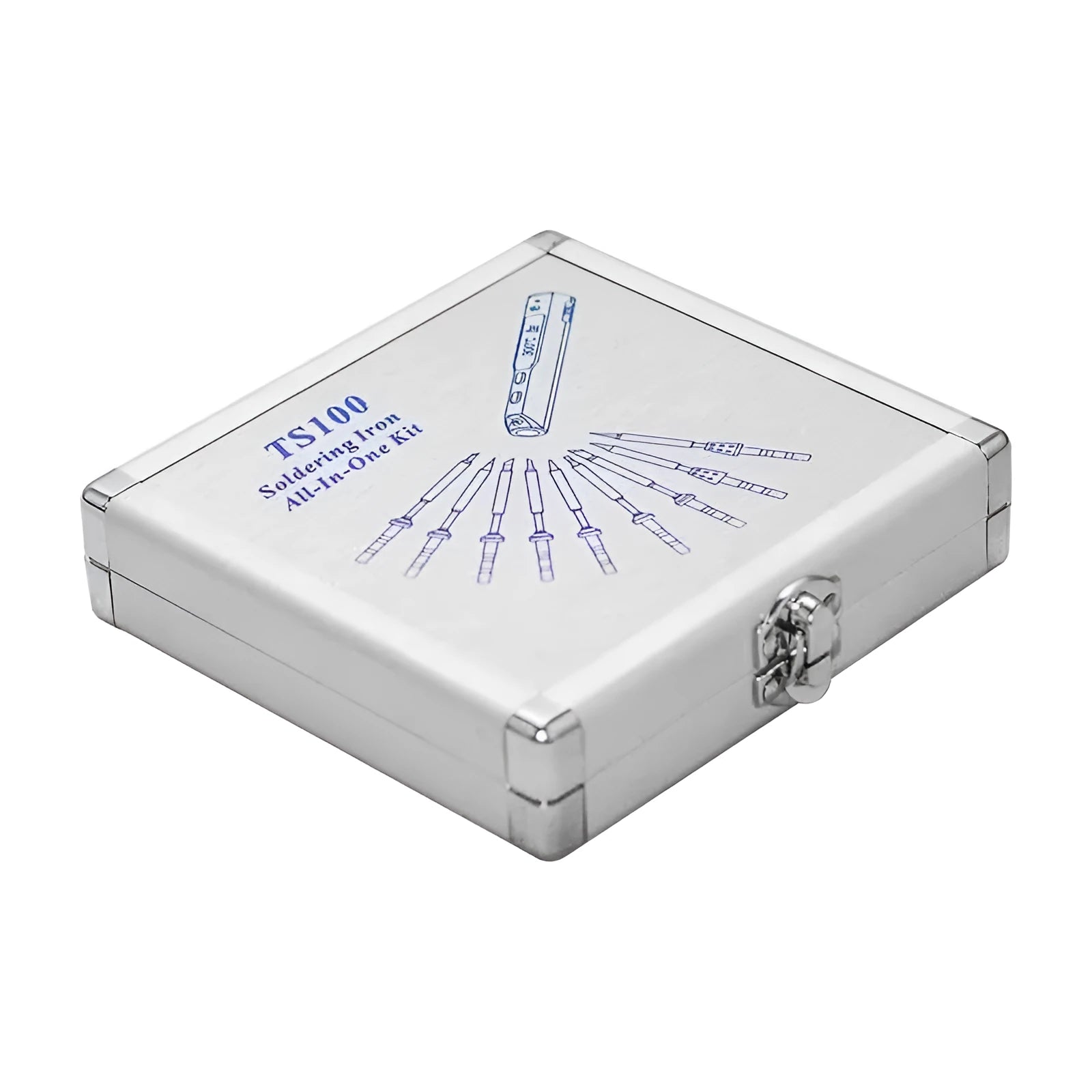 Silver aluminium storage box for soldering irons with compact dimensions