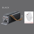 Black portable power bank with 220V AC output and solar charging panel, dimensions 70x70x162mm.
