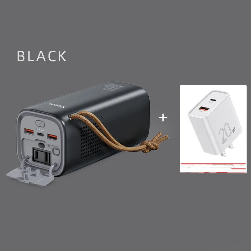 Black portable power bank with 220V AC output and solar charging panel, dimensions 70x70x162mm.