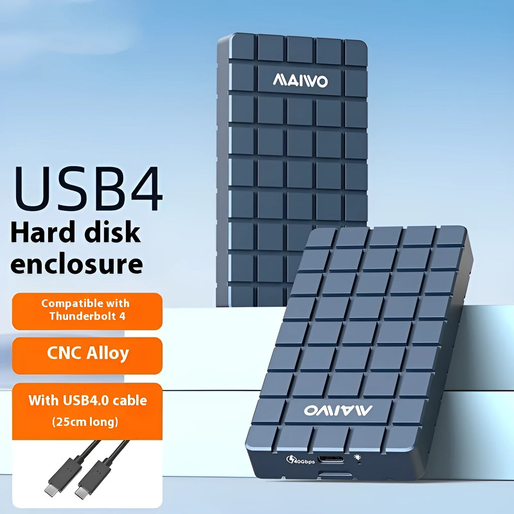 Silver aluminium USB4 hard drive enclosure for M.2 NVMe SSDs on a desk.