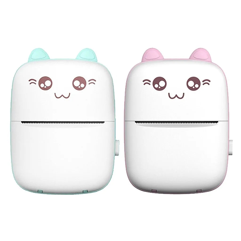 Mini Bluetooth thermal printer in pink with paper roll and phone app interface