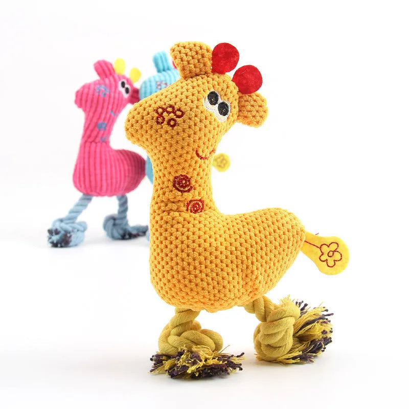 Blue deer shaped plush dog toy with corn grain texture and squeaker sound for pets