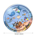 Square blue water playmat for cats and dogs with floating fish toys inside.