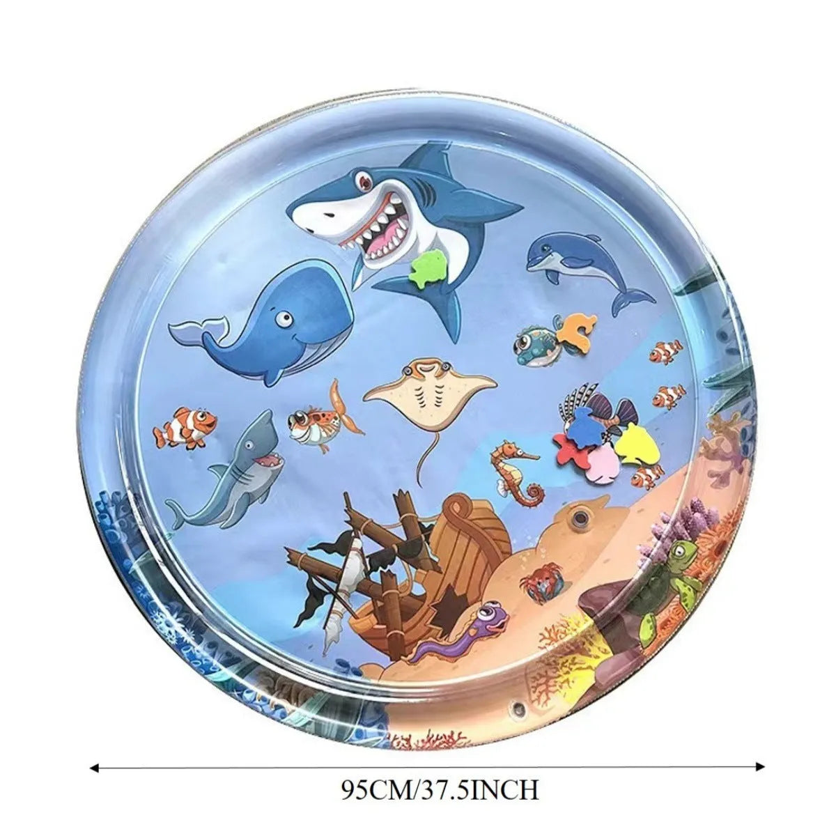 Square blue water playmat for cats and dogs with floating fish toys inside.
