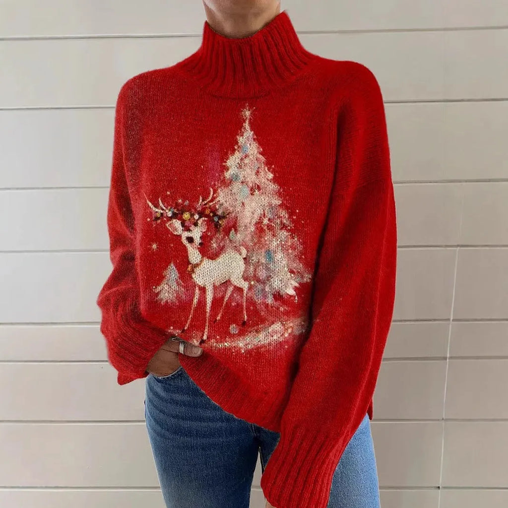 Women's loose-fit Christmas printed turtleneck sweater in macaron colour with painting pattern.