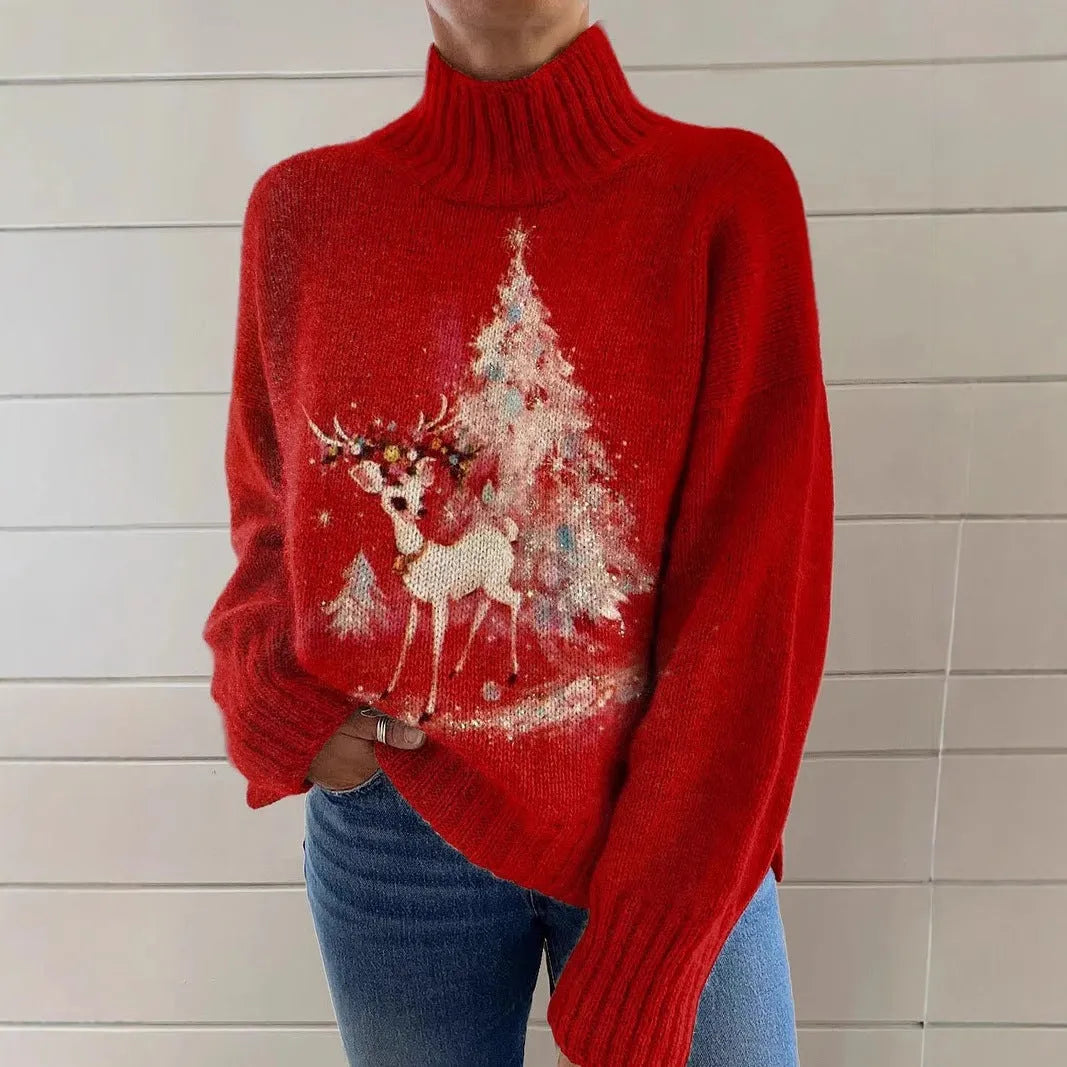 Women's loose-fit Christmas printed turtleneck sweater in macaron colour with painting pattern.