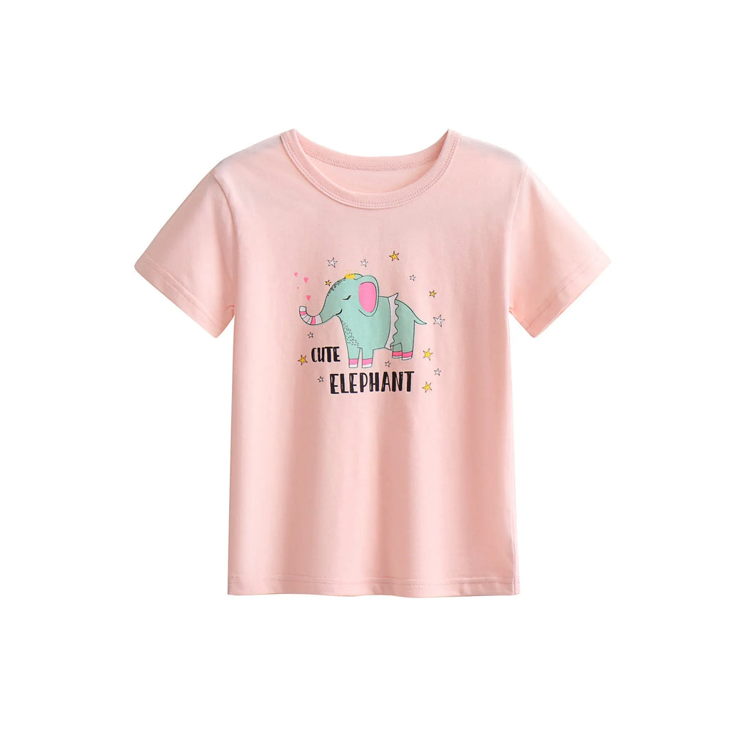 Girls' cotton printed t-shirt with cartoon pattern, short sleeves, available in multiple heights