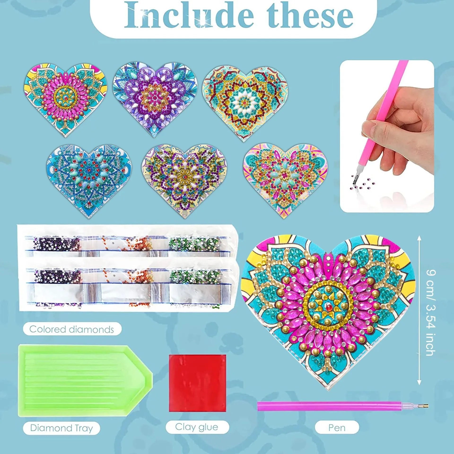Six handmade PU leather bookmarks with crystal decorations and floral painted designs