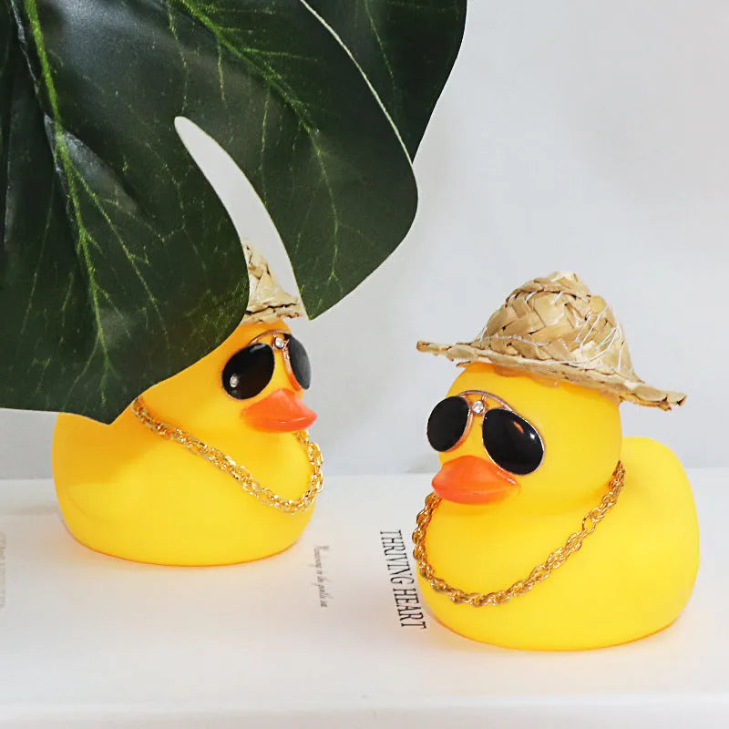 Yellow duck car dashboard ornament with straw hat and matte finish