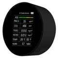 White air quality detector showing CO2, PM2.5, TVOC readings with compact 95x40mm design on desk