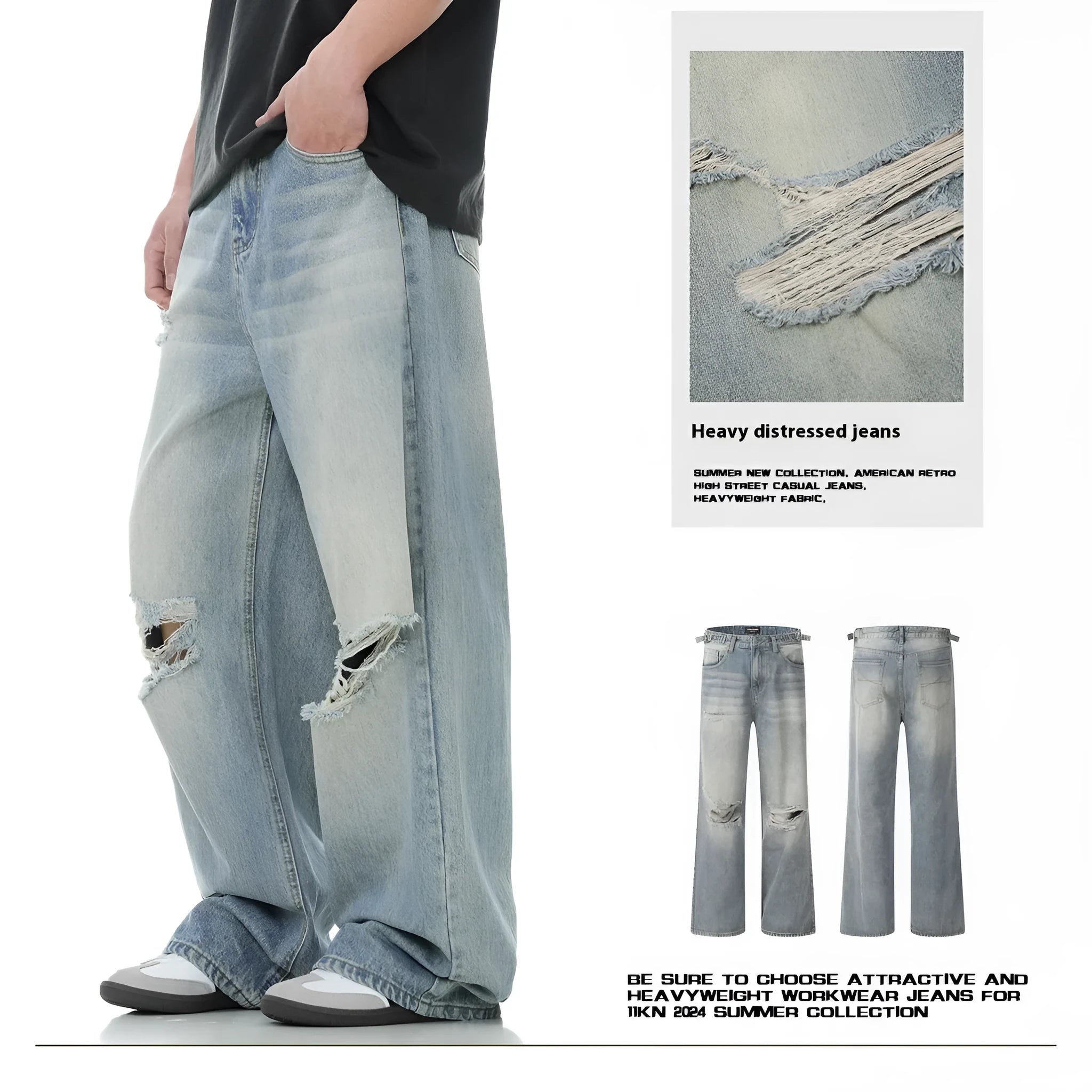 Blue men's straight-leg jeans with a distressed retro finish and a zipper fly.