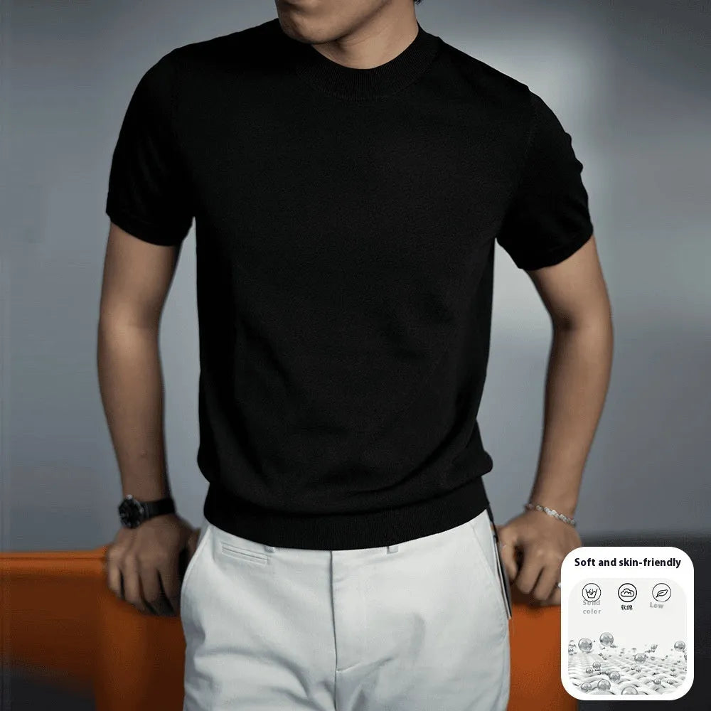Men's solid colour knitted T-shirt with round neck and short sleeves on a hanger.