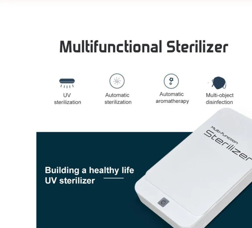 Blue UV phone sterilizer disinfection box with closed lid on a table.
