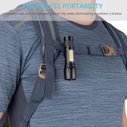 Black aluminium alloy mini torch with adjustable zoom focus and clip for pocket carry