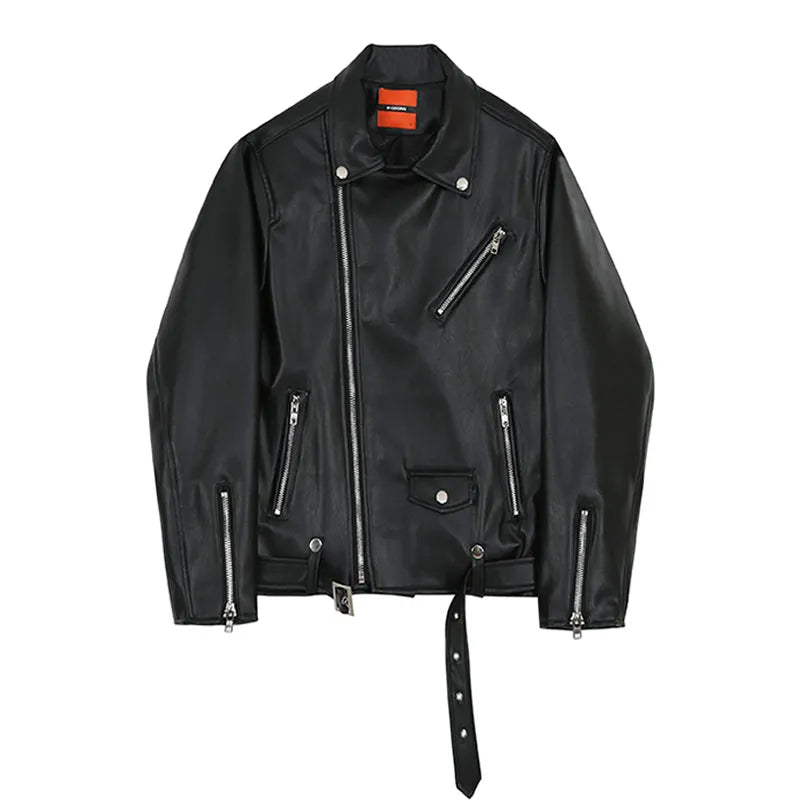 Men's Korean style slim-fit black faux leather motorcycle jacket with zipper front and suit collar