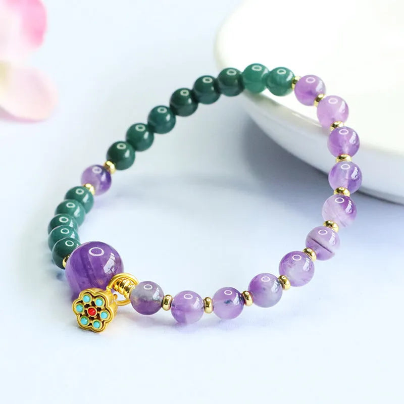 Natural blue water jade amethyst bracelet hand-woven with 6-10mm beads on white background