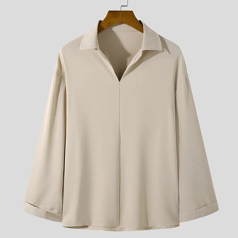 Men's loose lapel casual shirt in polyester blend fabric with long sleeves and non-ironing finish