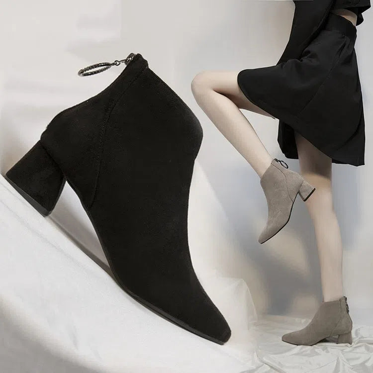 Women's chunky-heeled pointed-toe short Martin boots with suede upper, rubber sole, back zipper, black colour