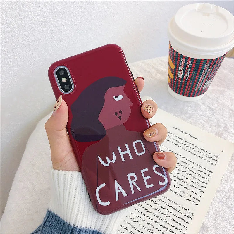 Wine red silicone phone case with brown girl illustration for iPhone models 6 to XS Max