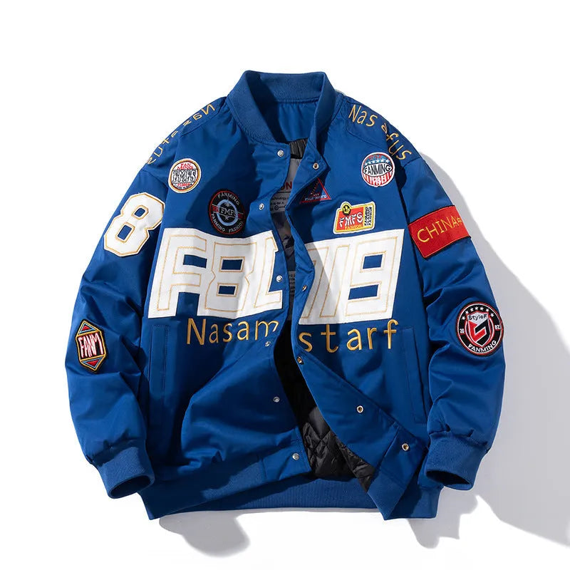 Black American motorcycle baseball uniform jacket with side pockets and removable hood