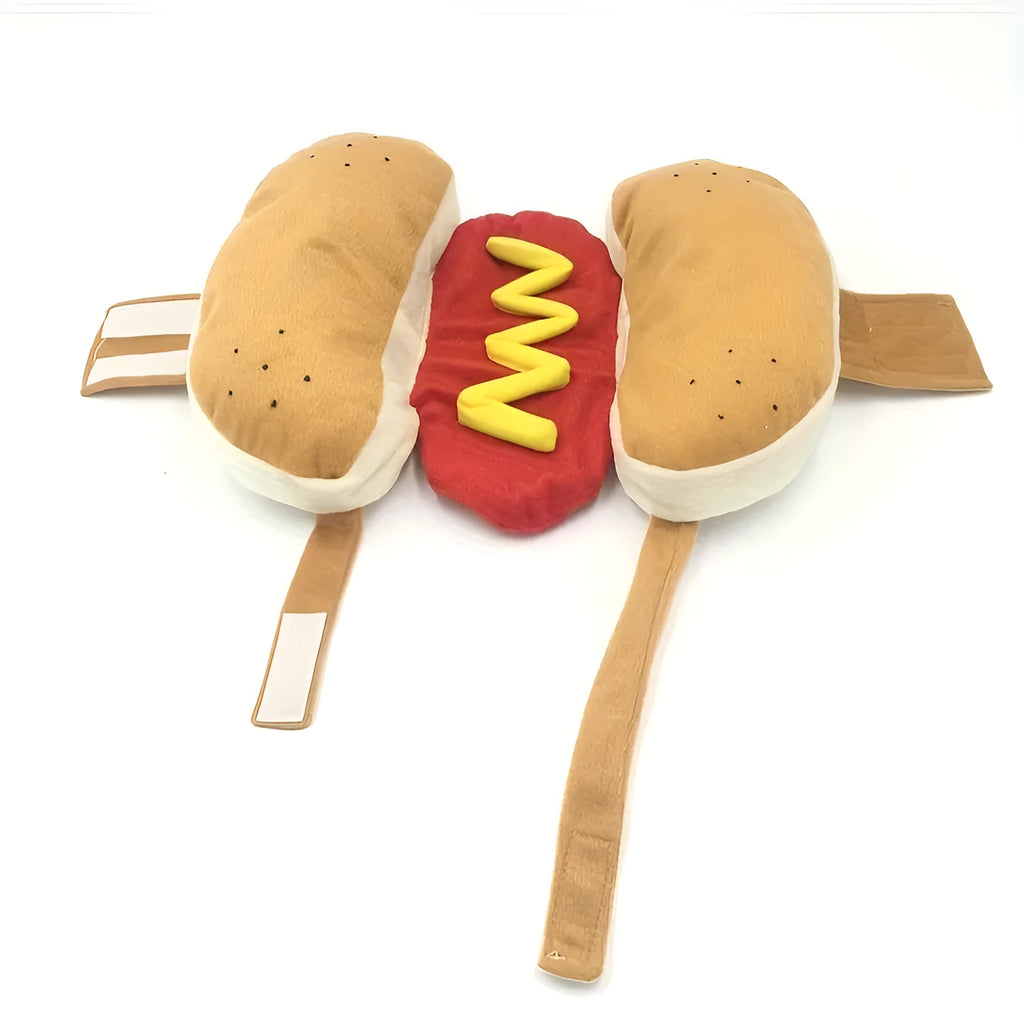 A dog wearing a stuffed hot dog costume coat in winter