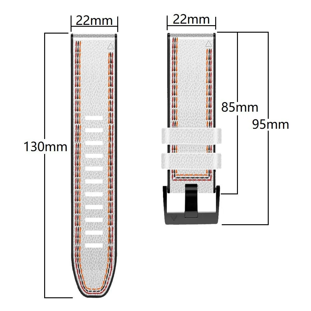 Silicone leather quick-release watchband for Garmin Fenix smartwatches in black, shown in 22mm and 26mm sizes.