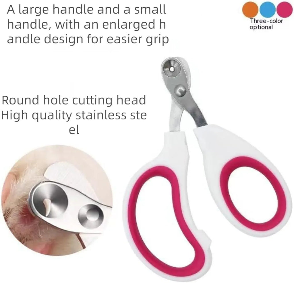 Blue pet nail clippers with a circular cutting hole and non-slip handle for trimming cat nails.