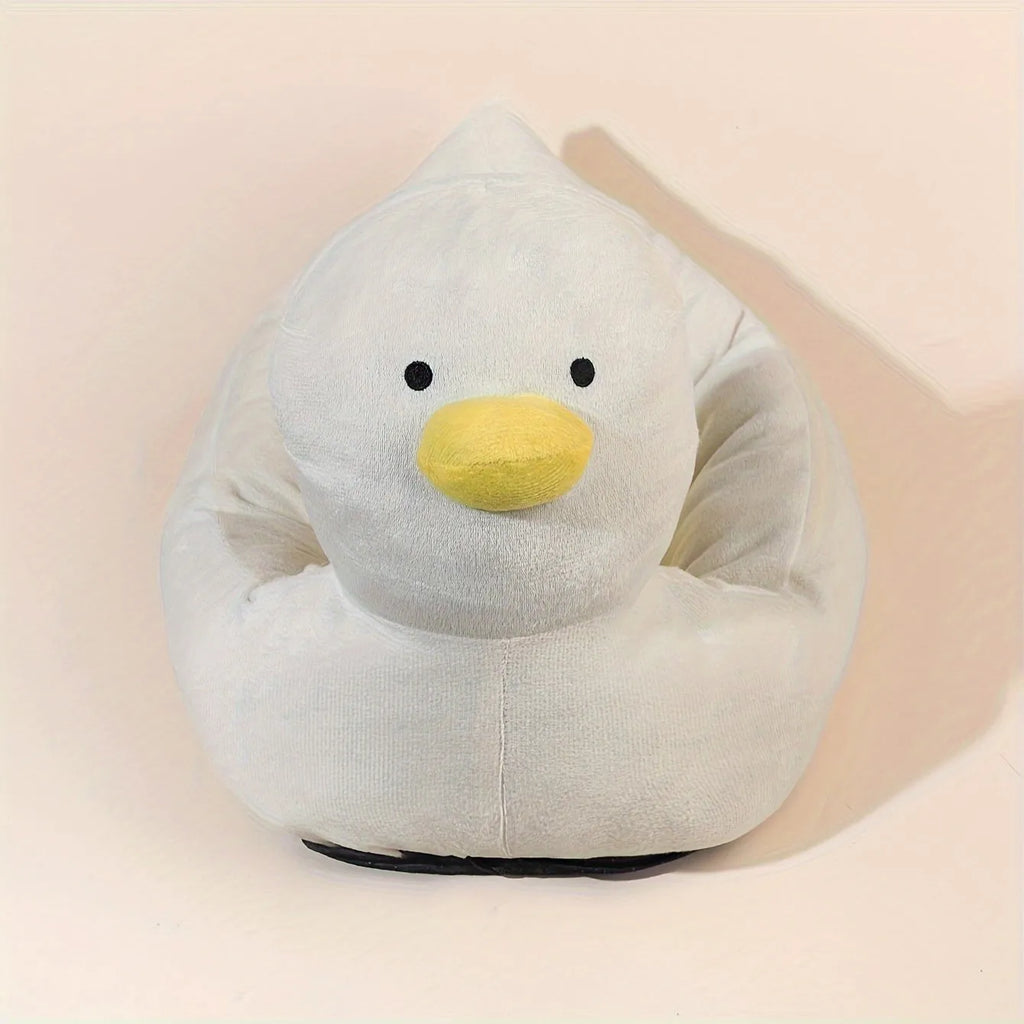 Blue duck-shaped fluffy pet bed for small dogs and cats on a floor